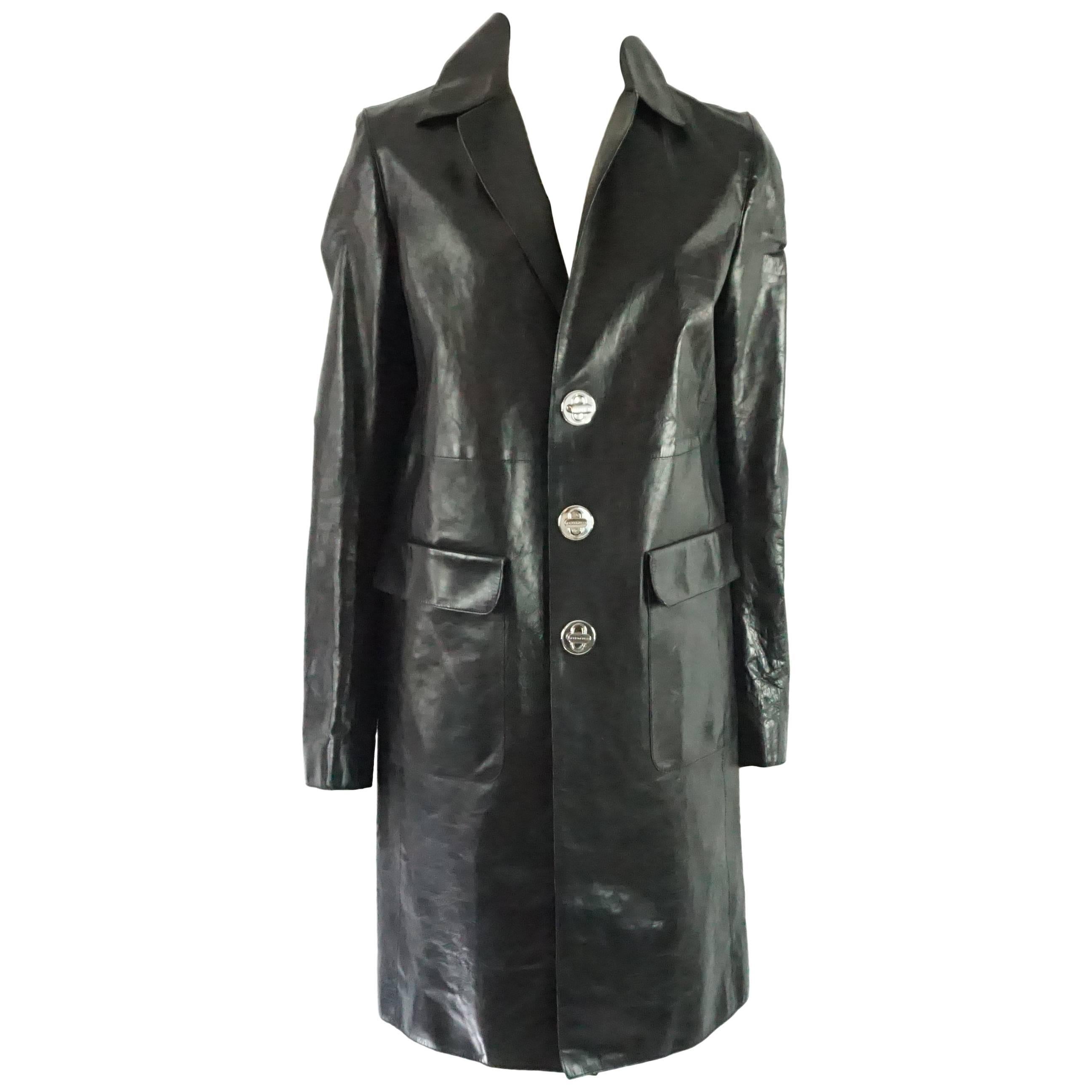 DSquared2 Black Leather Trench Style Full Coat - 46 For Sale