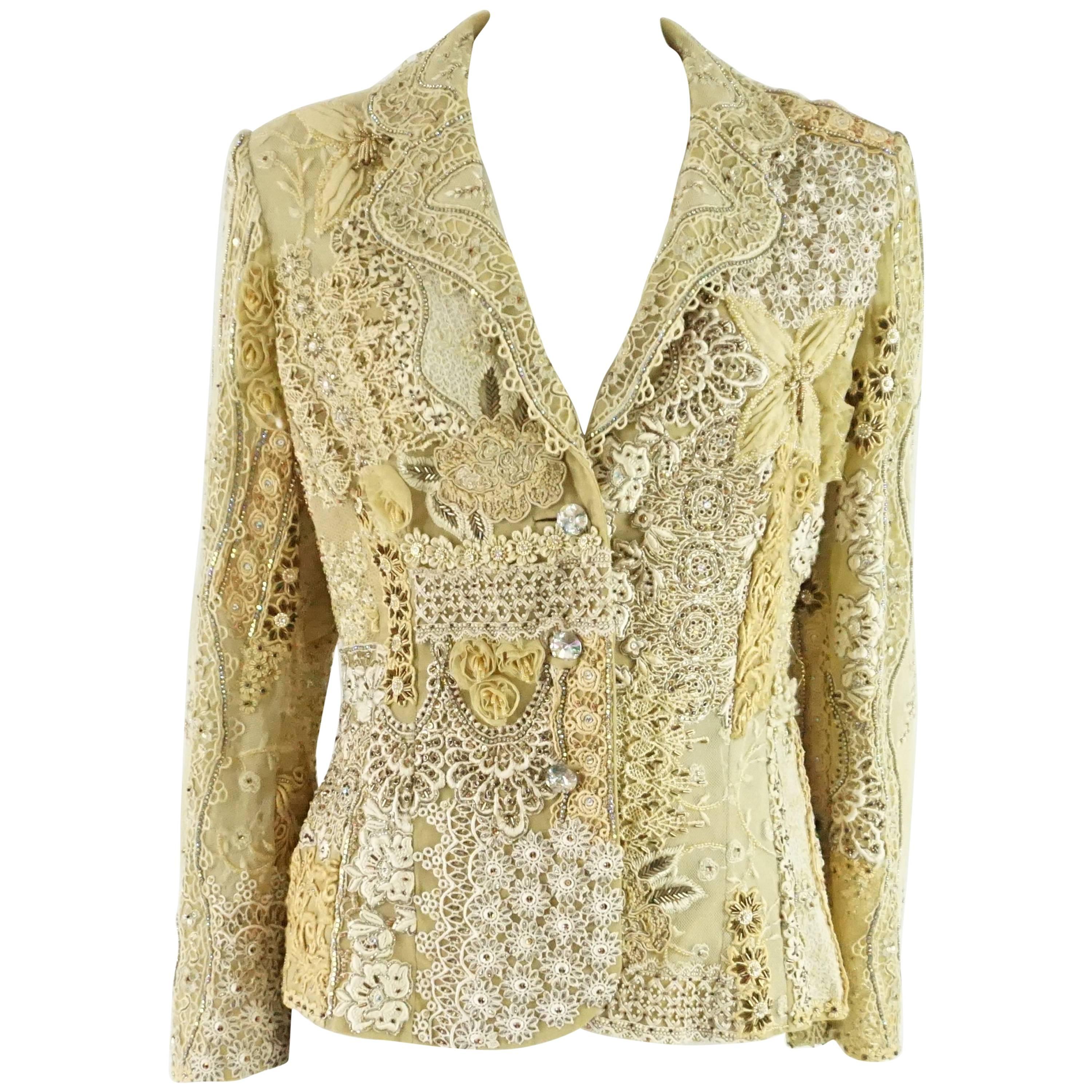 Ella Singh Cream Lace and Embroidered Jacket with Rhinestones - 36 - 1990's 