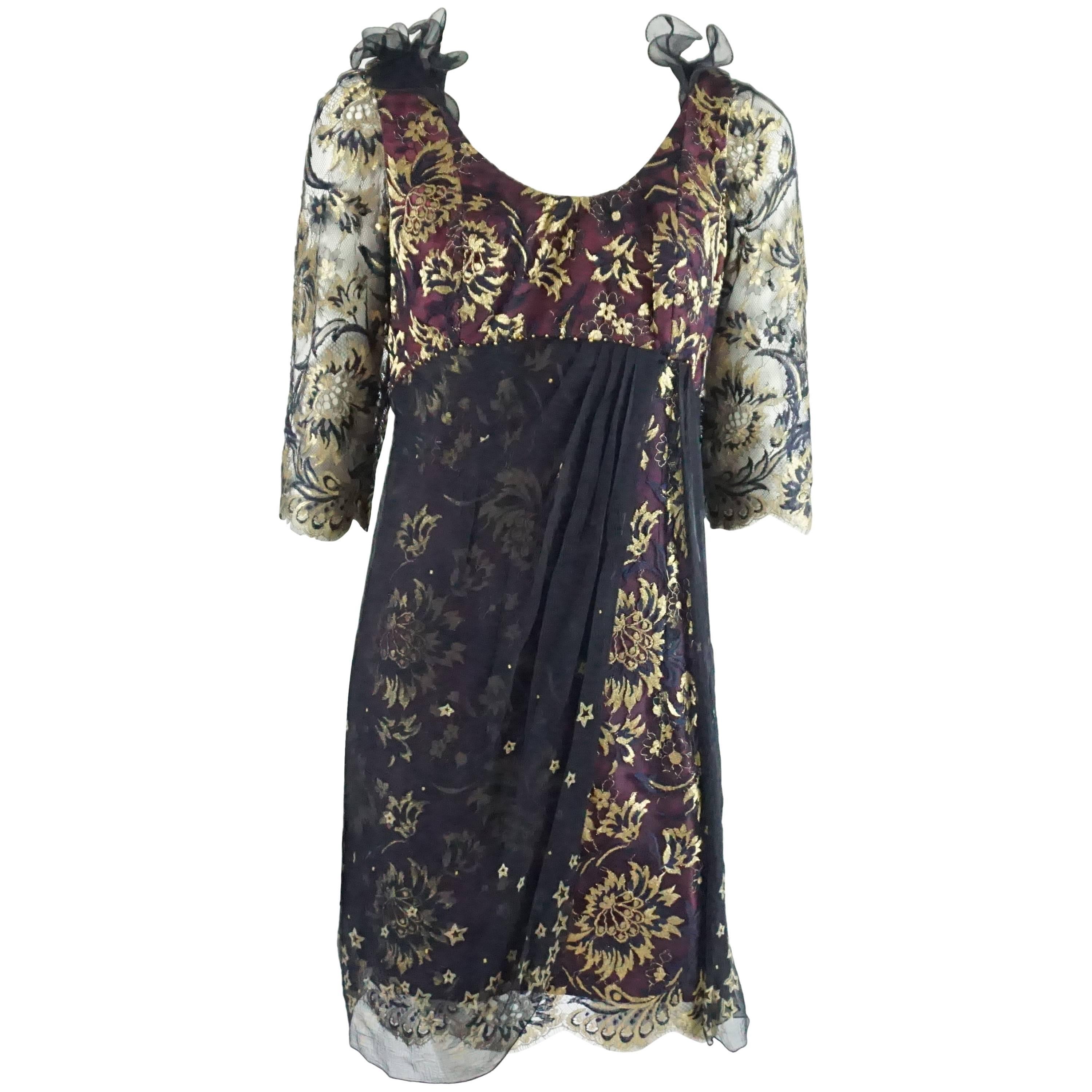 Zandra Rhodes Wine/Navy/Gold Metallic Lace & Chiffon Dress-10-Circa 80's