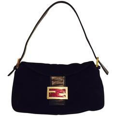 Iconic Fendi Black Suede Baguette Bag With Gold Tone Zucchino Logo Closure 
