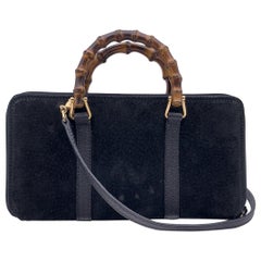 Gucci Vintage Black Suede Bamboo Wallet on Chain WOC Crossbody