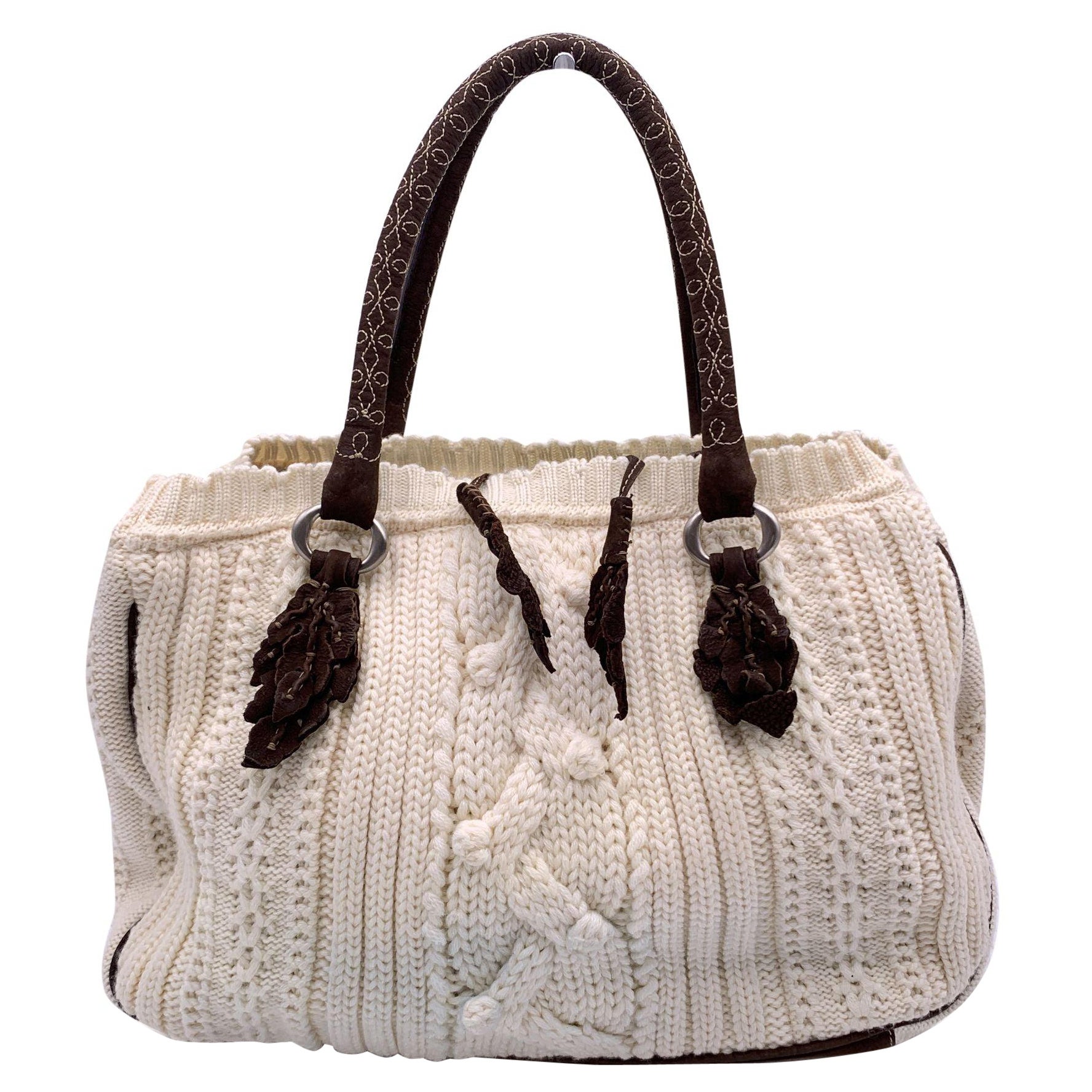 Ermanno Scervino White Brown Wool Knit Tote Shoulder Bag