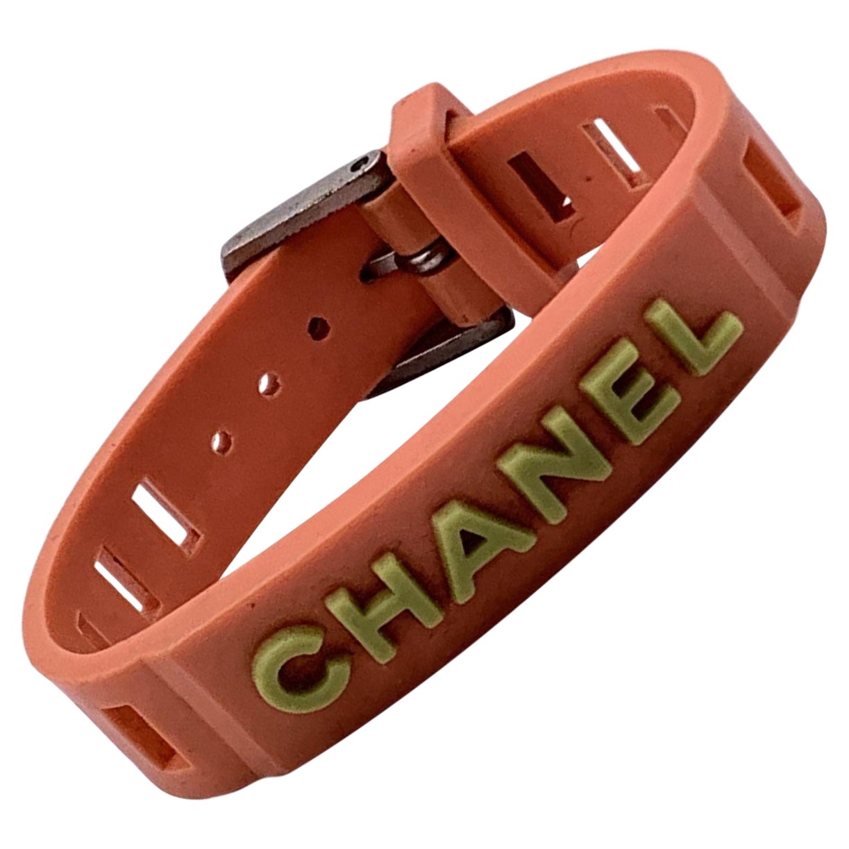 Chanel Vintage Orange and Green Rubber Logo Belt Bracelet For Sale