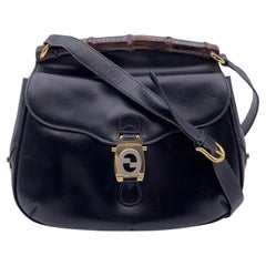 Gucci Vintage Black Leather Bamboo Flap Shoulder Bag