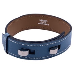 Hermes Paris Light Blue Leather Belt Bracelet Silver Metal Hardware