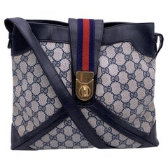 Gucci Vintage Blue Monogram Canvas Shoulder Bag with Stripes