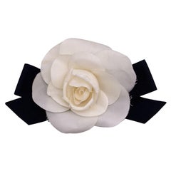 Chanel Vintage White Silk Black Satin Bow Camellia Camelia Brooch
