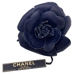 Chanel Vintage Blue Canvas Brooch Pin Flower Camelia Camellia