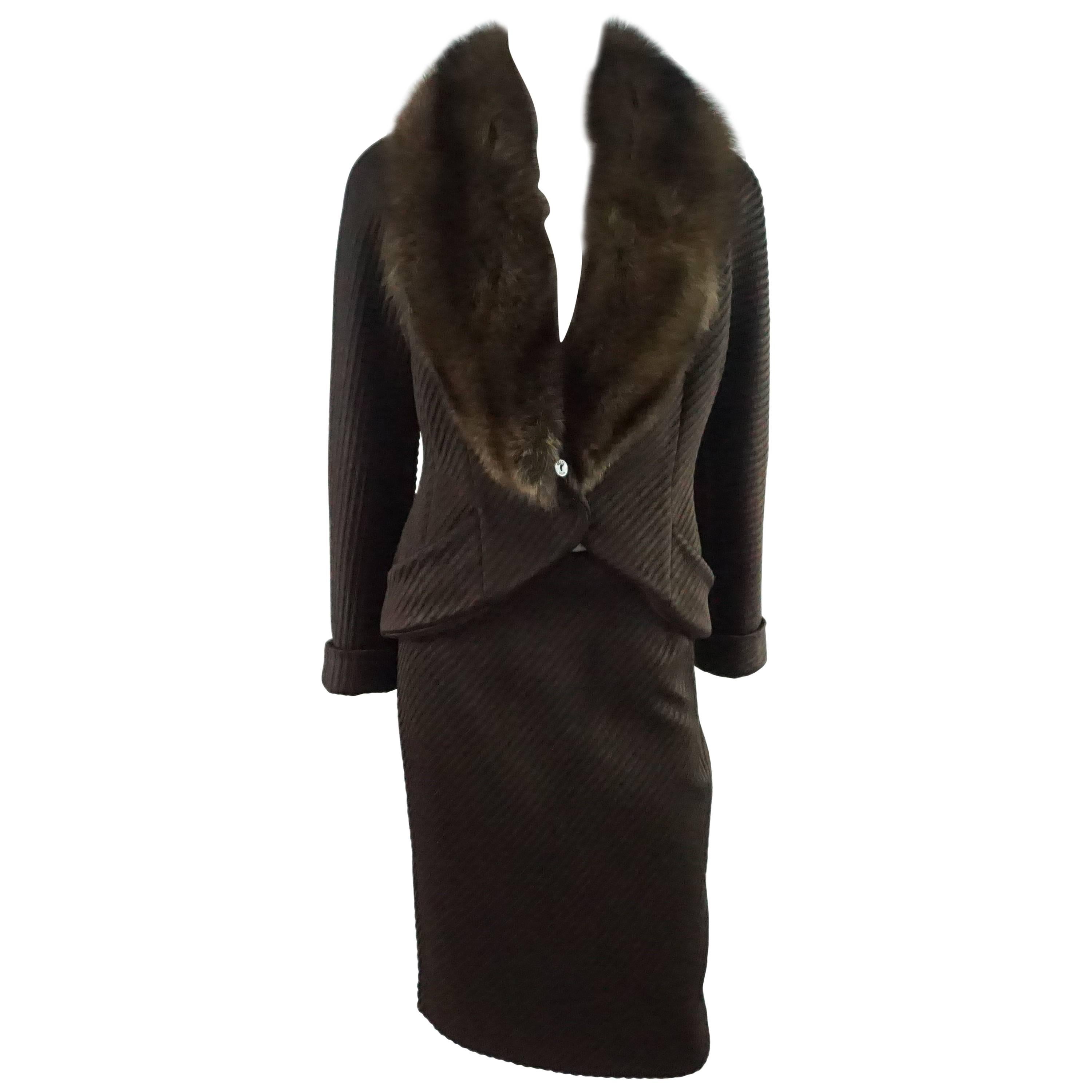 Fendi Chocolate Brown Ribbed Skirt Suit with Fisher Fur Collar - 44 - 1970's  For Sale