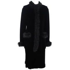 Bill Blass Black Velvet Skirt Suit with Feather Trim - 8 6