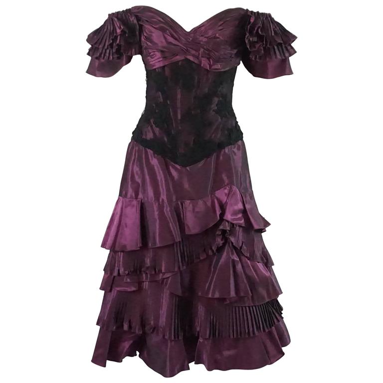 Vicky Tiel Eggplant Pleated Taffeta and Lace Dress - 46 - 1980's  For Sale