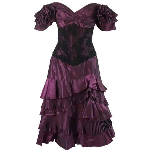 Vicky Tiel Eggplant Pleated Taffeta and Lace Dress - 46 - 1980's For ...