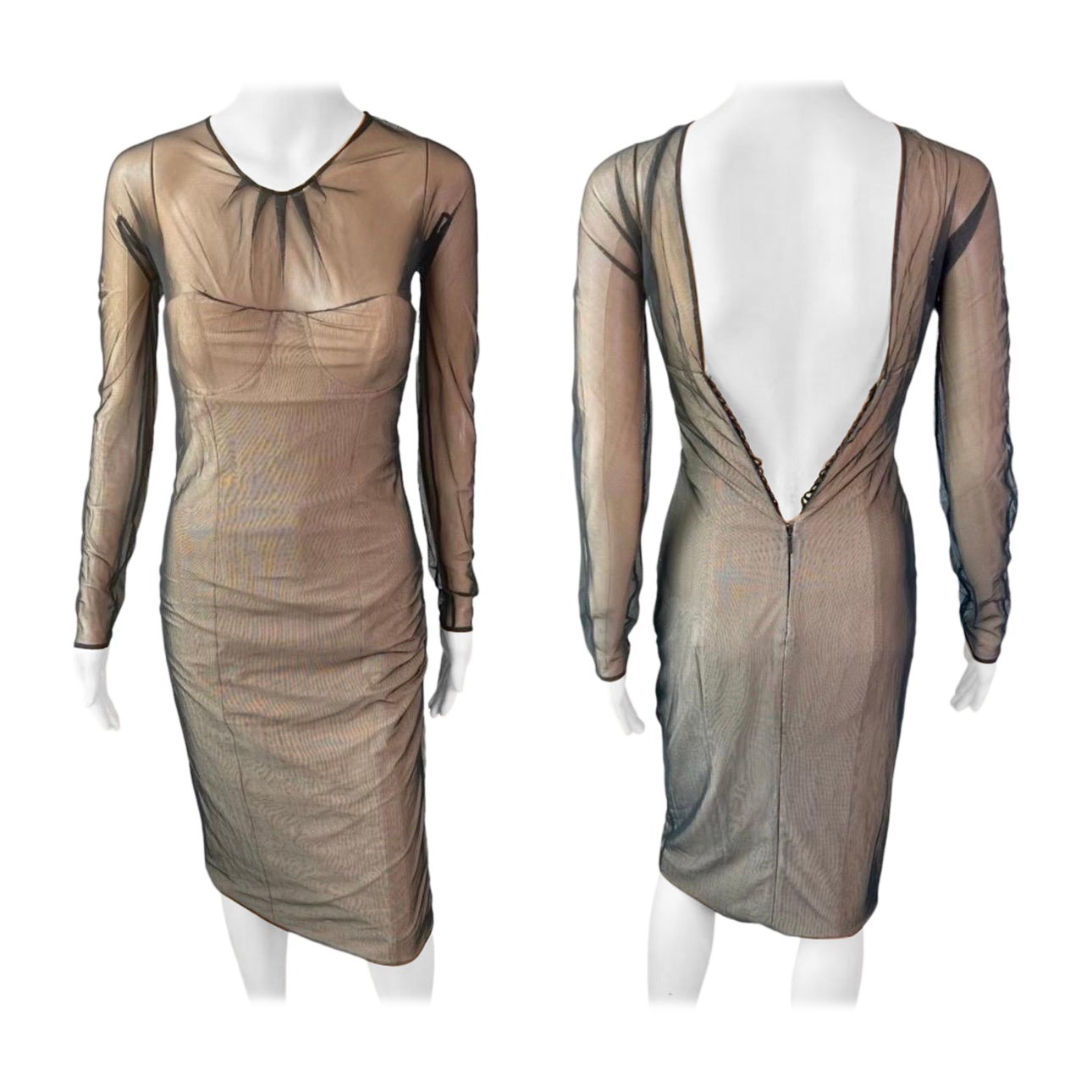 Gucci by Tom Ford S/S 2001 Runway Sheer Tulle Mesh Bustier Corset Midi Dress