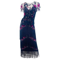 Marchesa Notte Taille 6 / 8 Noir Framboise Rose Gatsby Flapper Style Fringe Gown