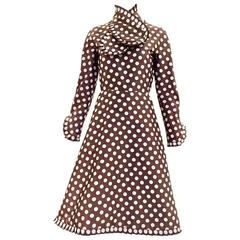 Vintage Geoffrey Beene brown and grey silk polka dot dress, 1960s 