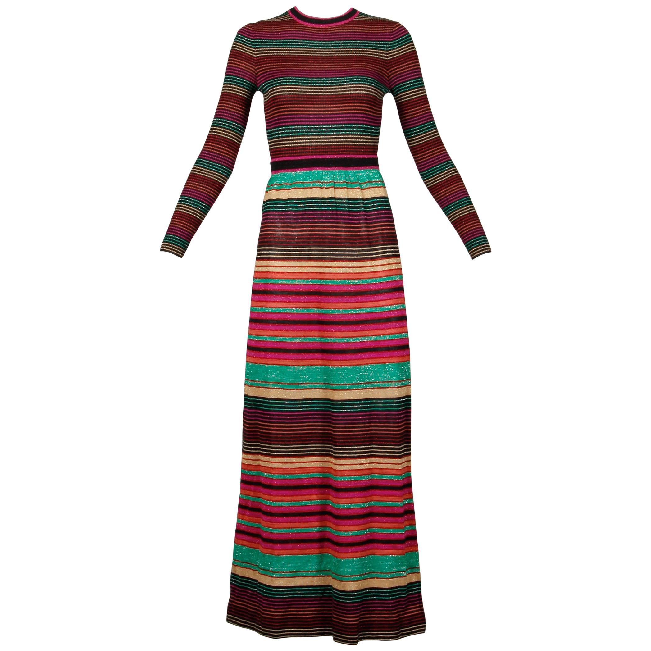 Roncelli 1970s Vintage Striped Rainbow Metallic Lurex Knit Maxi Dress