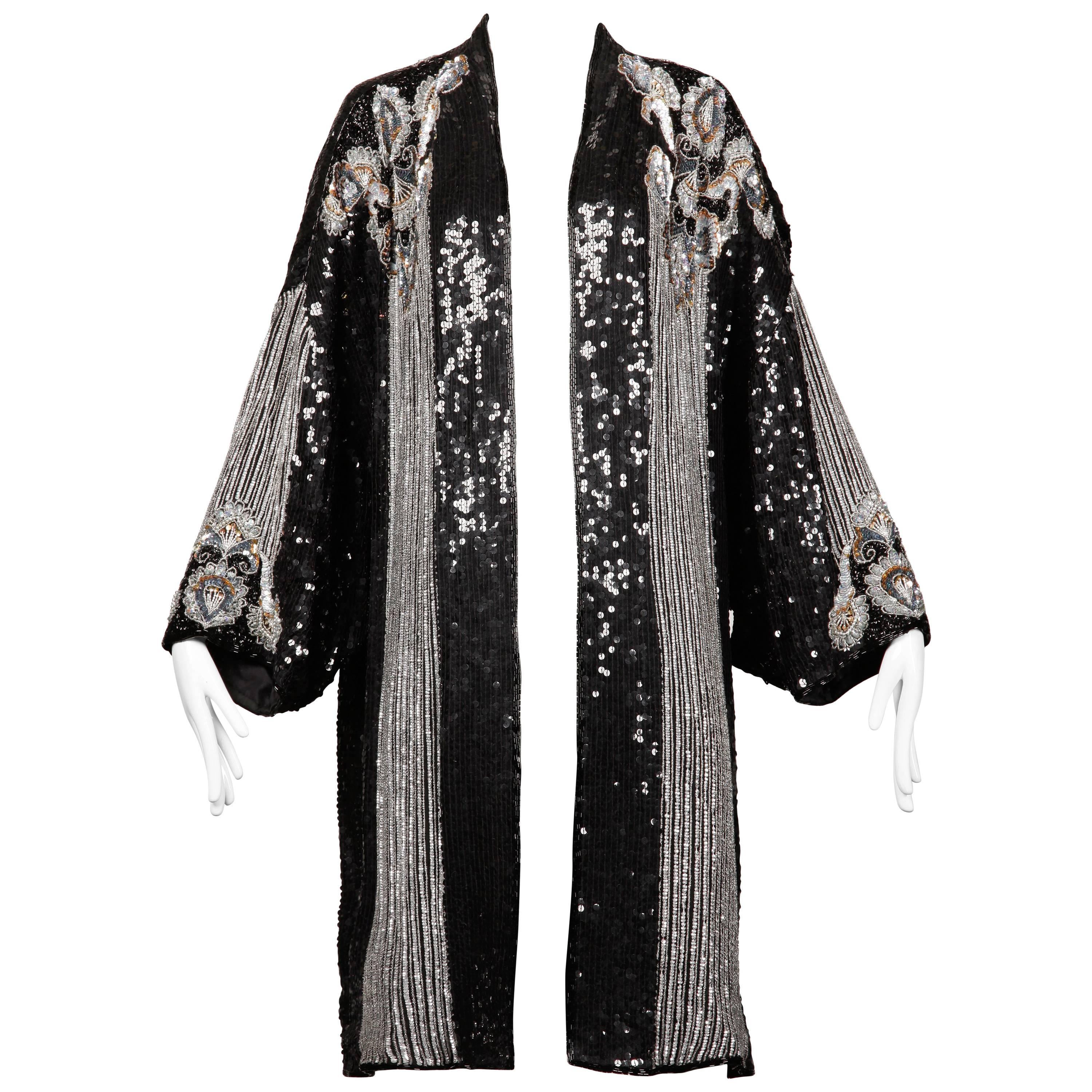 Judith Ann Vintage Art Deco Silk Sequin + Beaded Kimono Duster Jacket or Coat