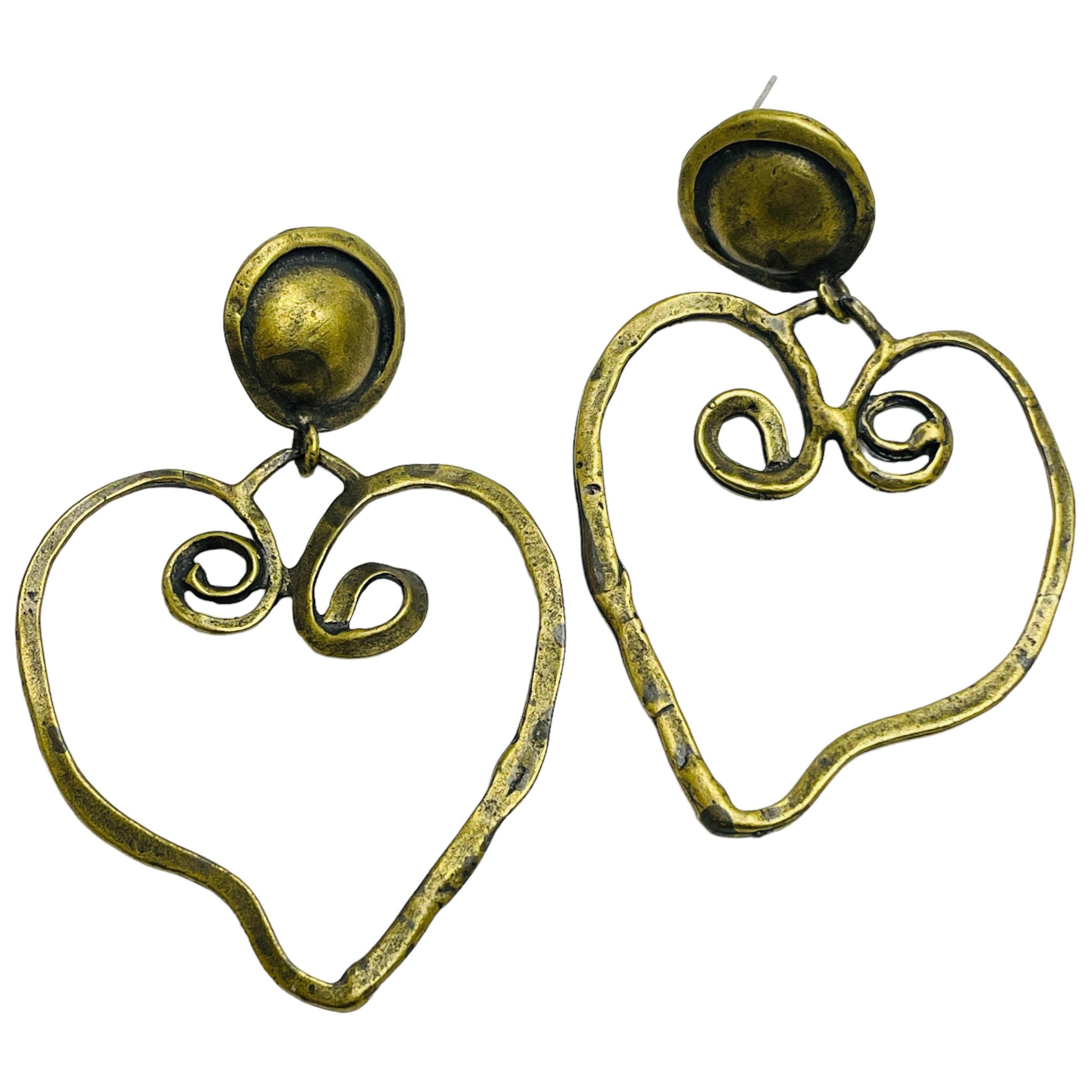 Vintage dark gold huge hearts designer dangle earrings For Sale