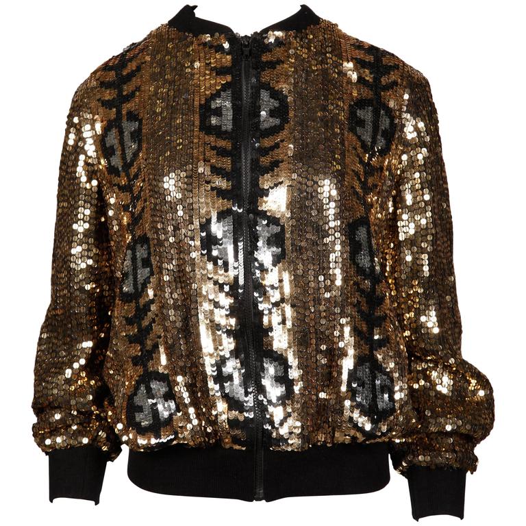 Metallic Gold Sequin Silk Vintage Bomber Jacket For Sale at 1stDibs
