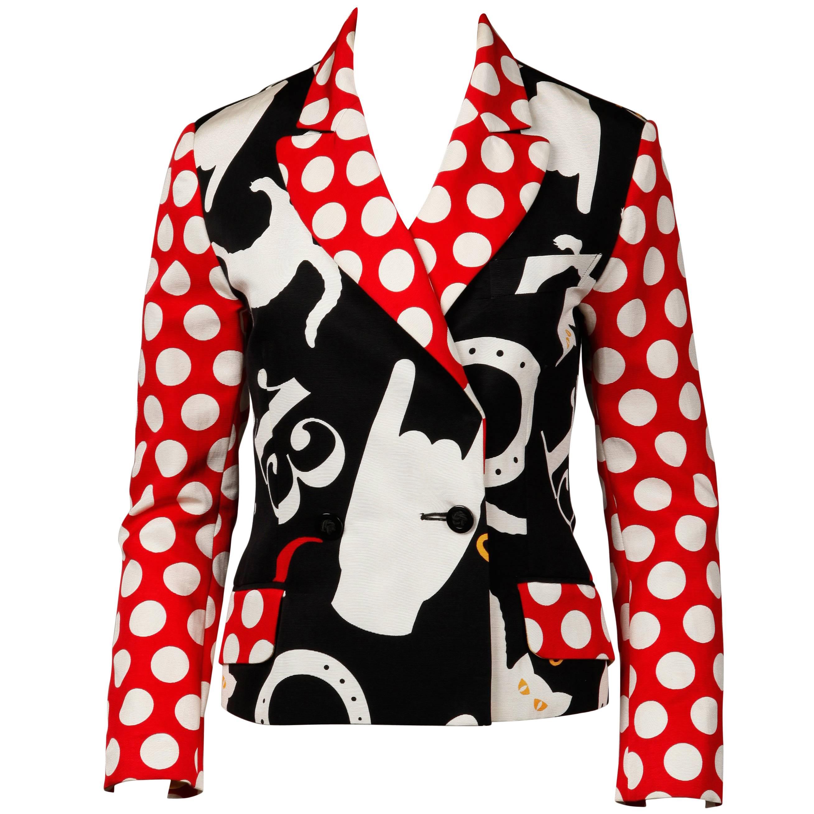 Iconic Moschino Vintage 90s Pop Art Blazer Jacket with Lucky 13, Horseshoe + Cat For Sale