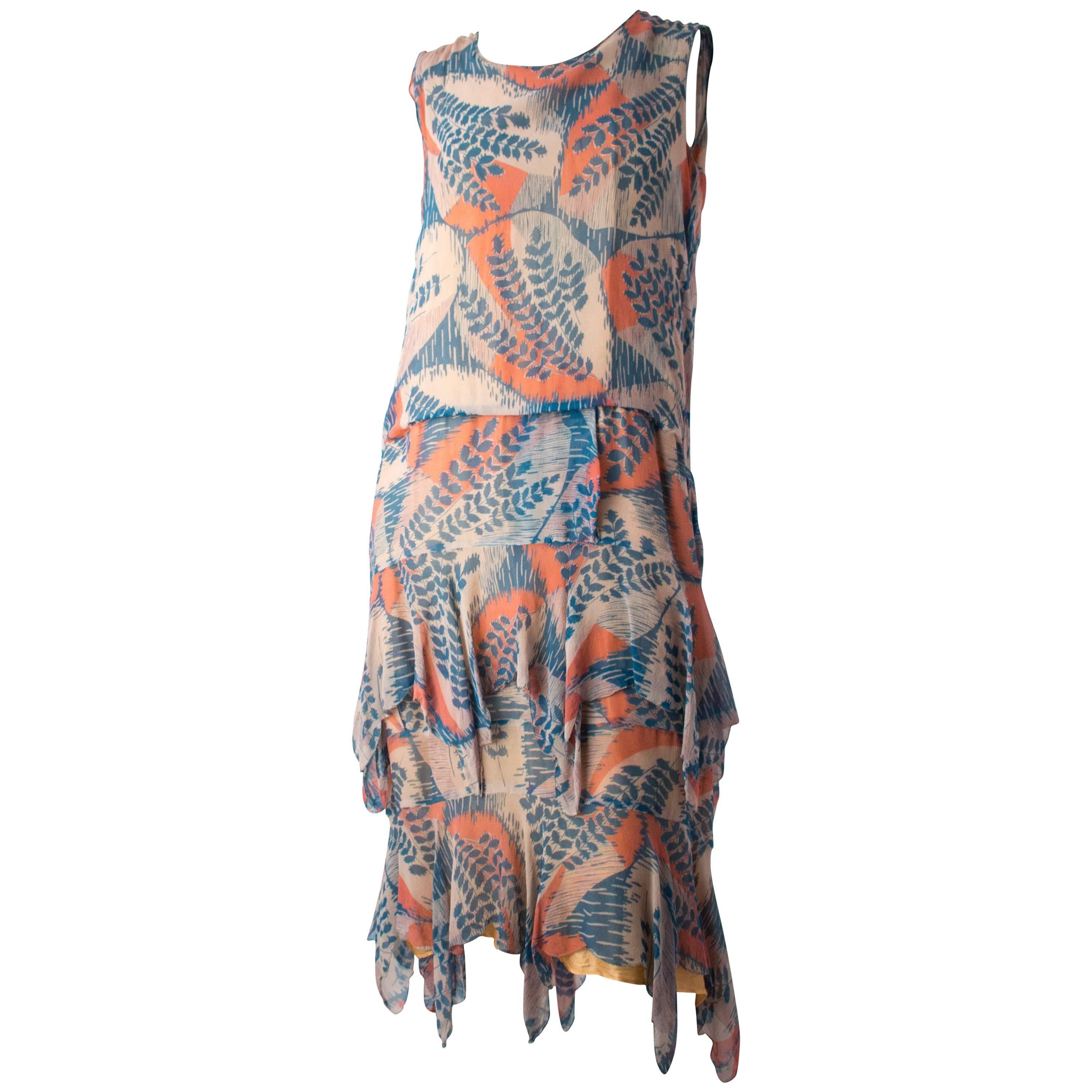 20s Silk Chiffon Fern Print Dress