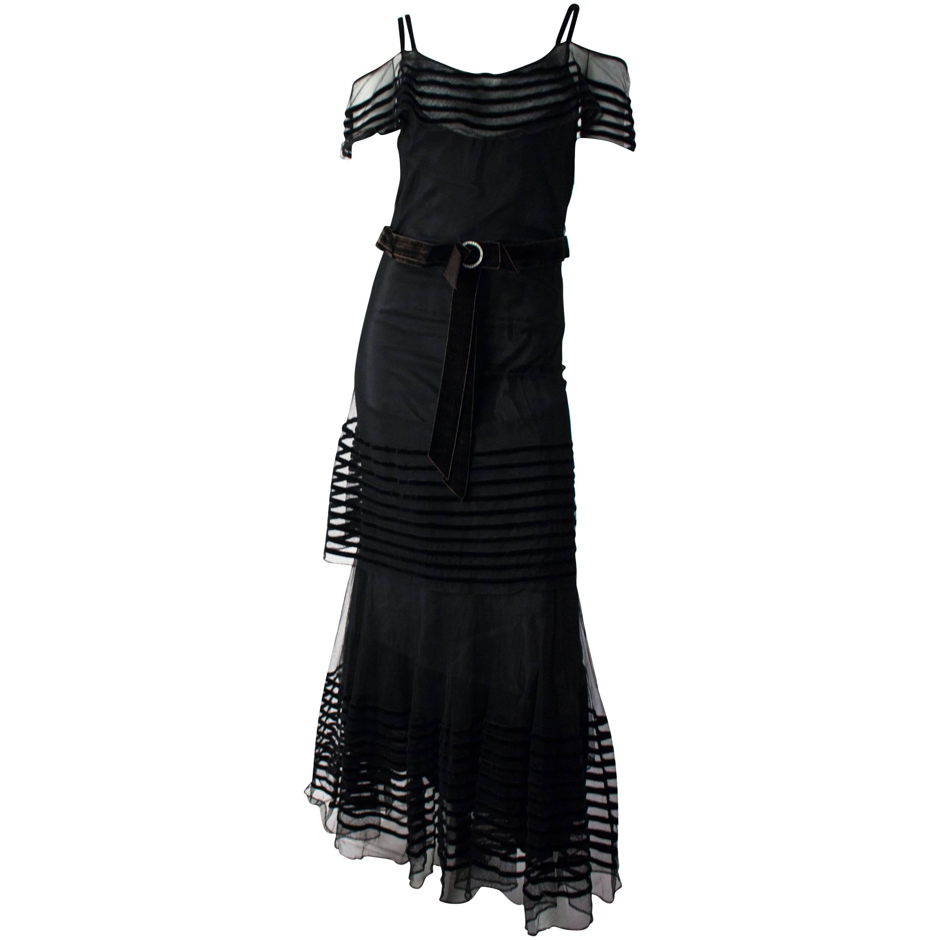 30s Black Mesh Evening Gown w/ Velvet Trim