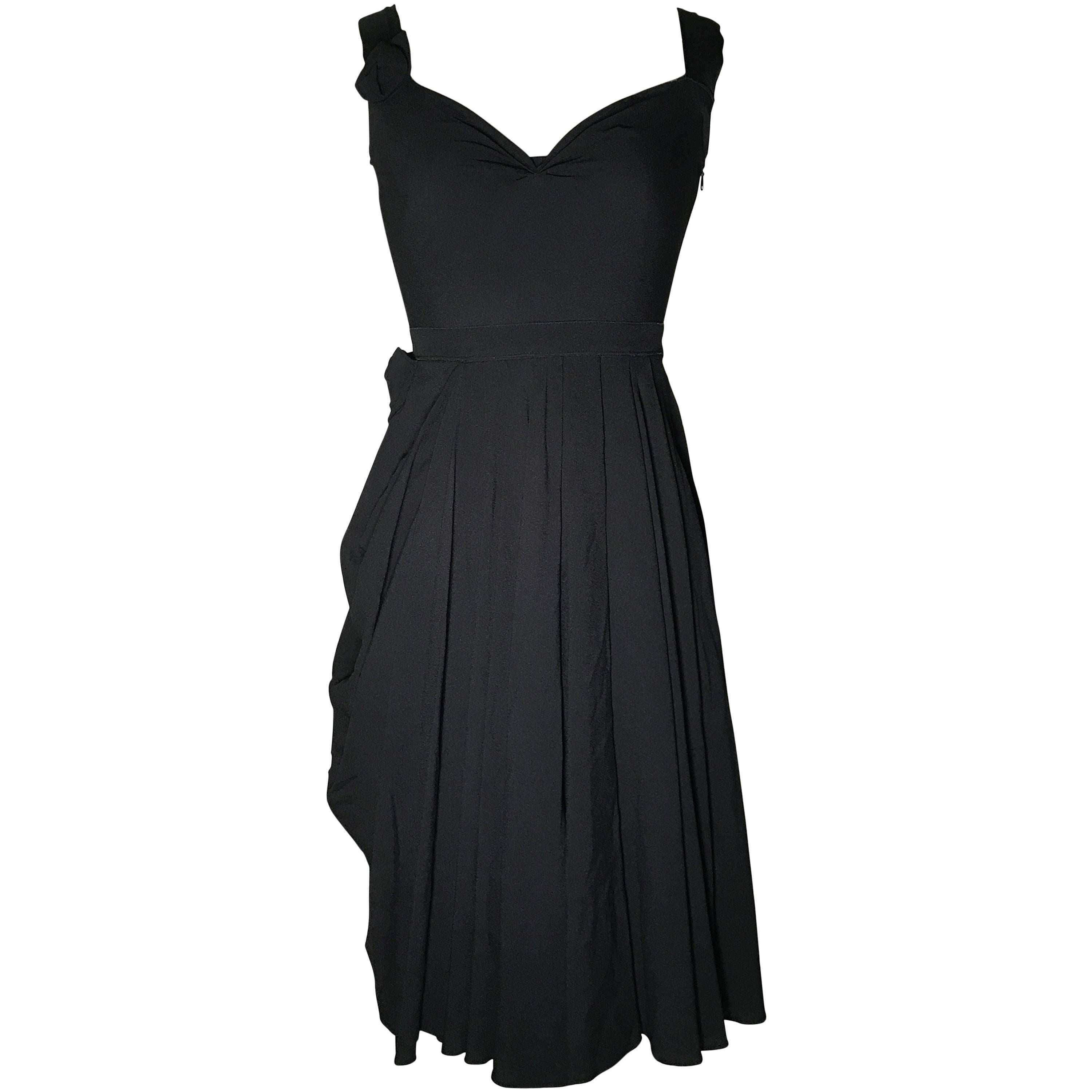 Prada Black Asymmetrical Drape Skirt Sleeveless Dress Bow and Rosette Detail