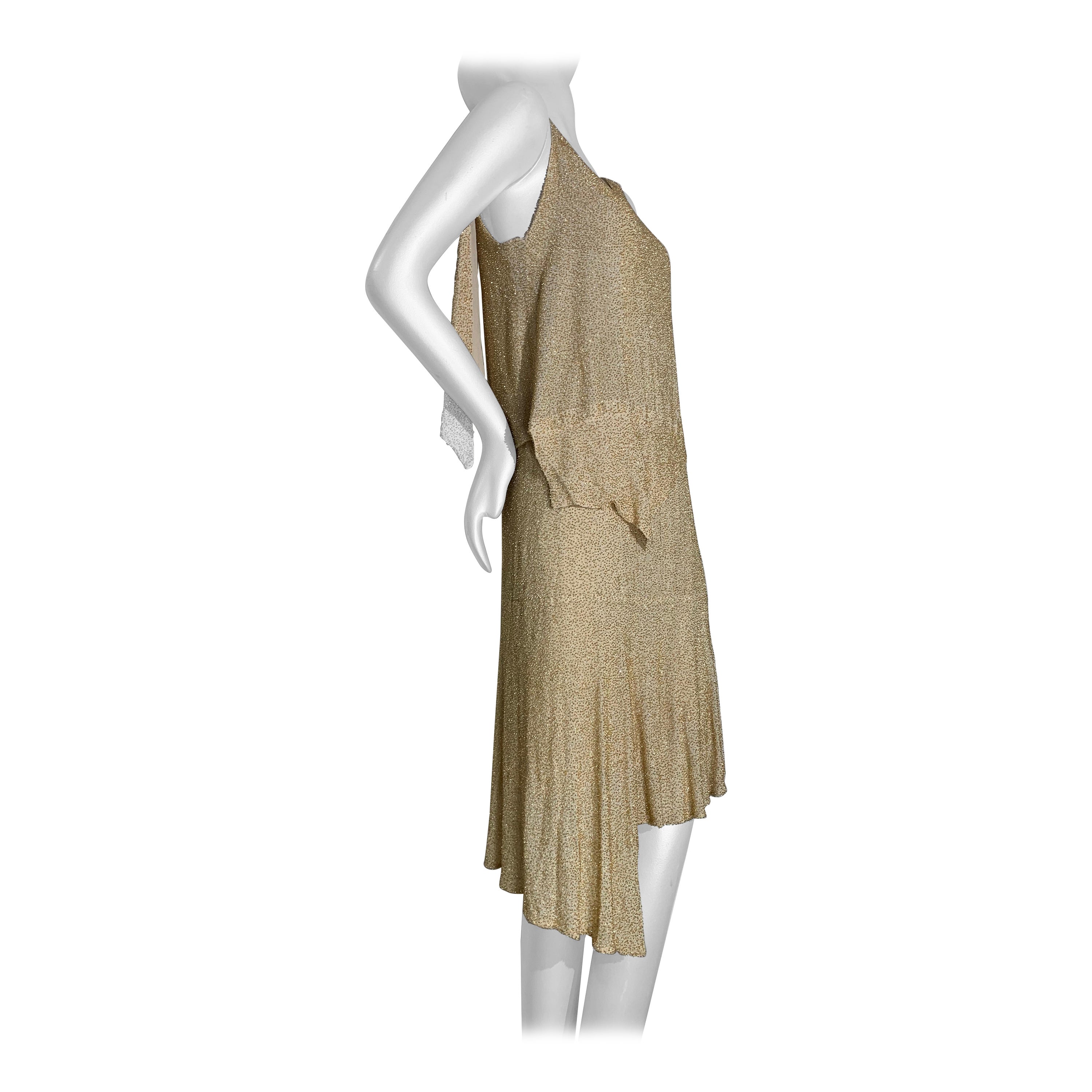 1920s Art Deco Cream Silk Chiffon Dress w Solid Gold-Tone Bead Embellishment For Sale