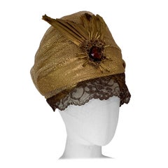 Custom-Made Gold Lamé & Net Turban w Bronze Lace Veil & Painted Feather Brooch