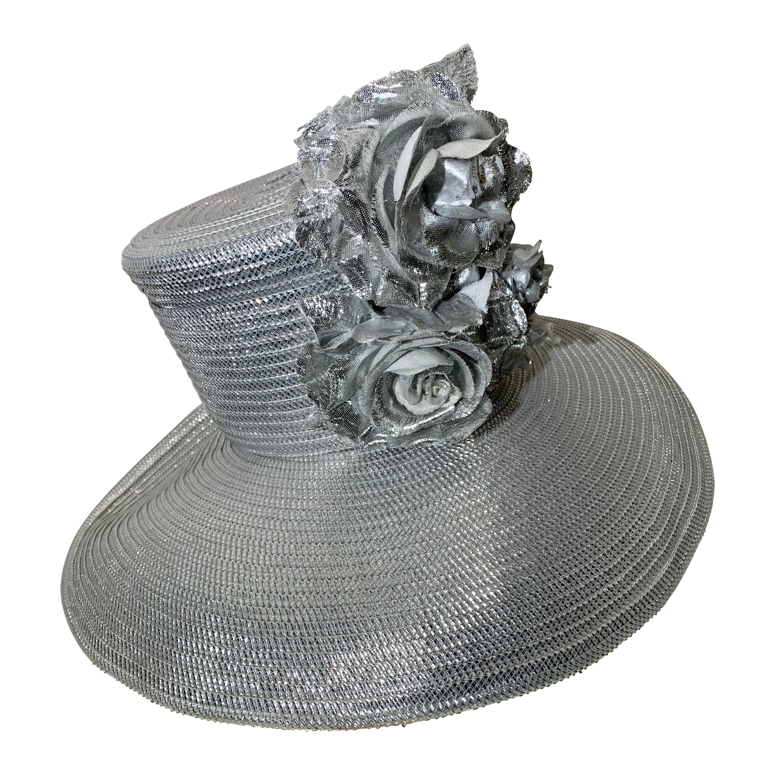 Custom Made Silver Lamé Straw Wide Brim Cartwheel Hat w/ Silver Floral Bouquet