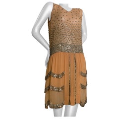 Spectacular 1920s Apricot Silk Chiffon Evening Dress w/ Mirror Beaded Trim
