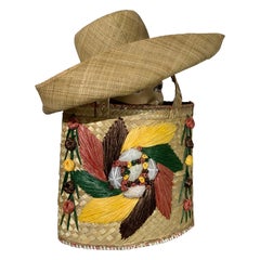 1960s Souvenir Embroidered Raffia Bucket Bag w/ Coordinating Straw Sun Hat