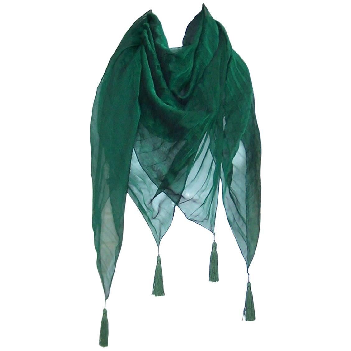 Ethereal C.1990 Sayoko Miyajima Micro Pleated Green Silk Chiffon Scarf