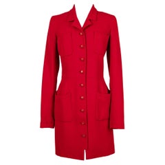 Chanel Red Coat Dress with Golden Metal CC Logo Buttons