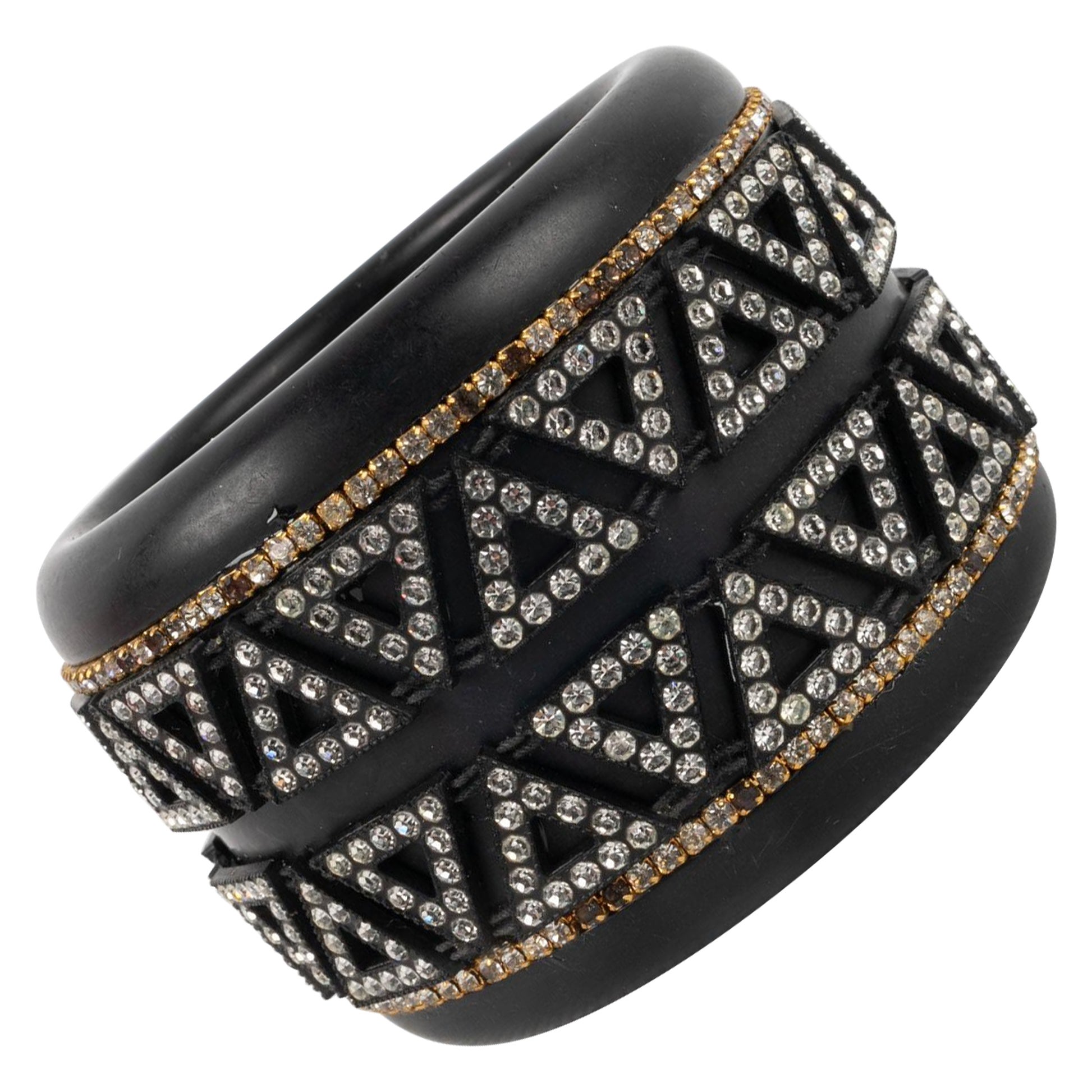 Lanvin Black Galalith Cuff Bracelet Ornamented with Rhinestones For Sale