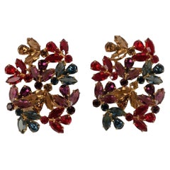 Set of 2 Gold Metal and Multicolor Rhinestone Brooches