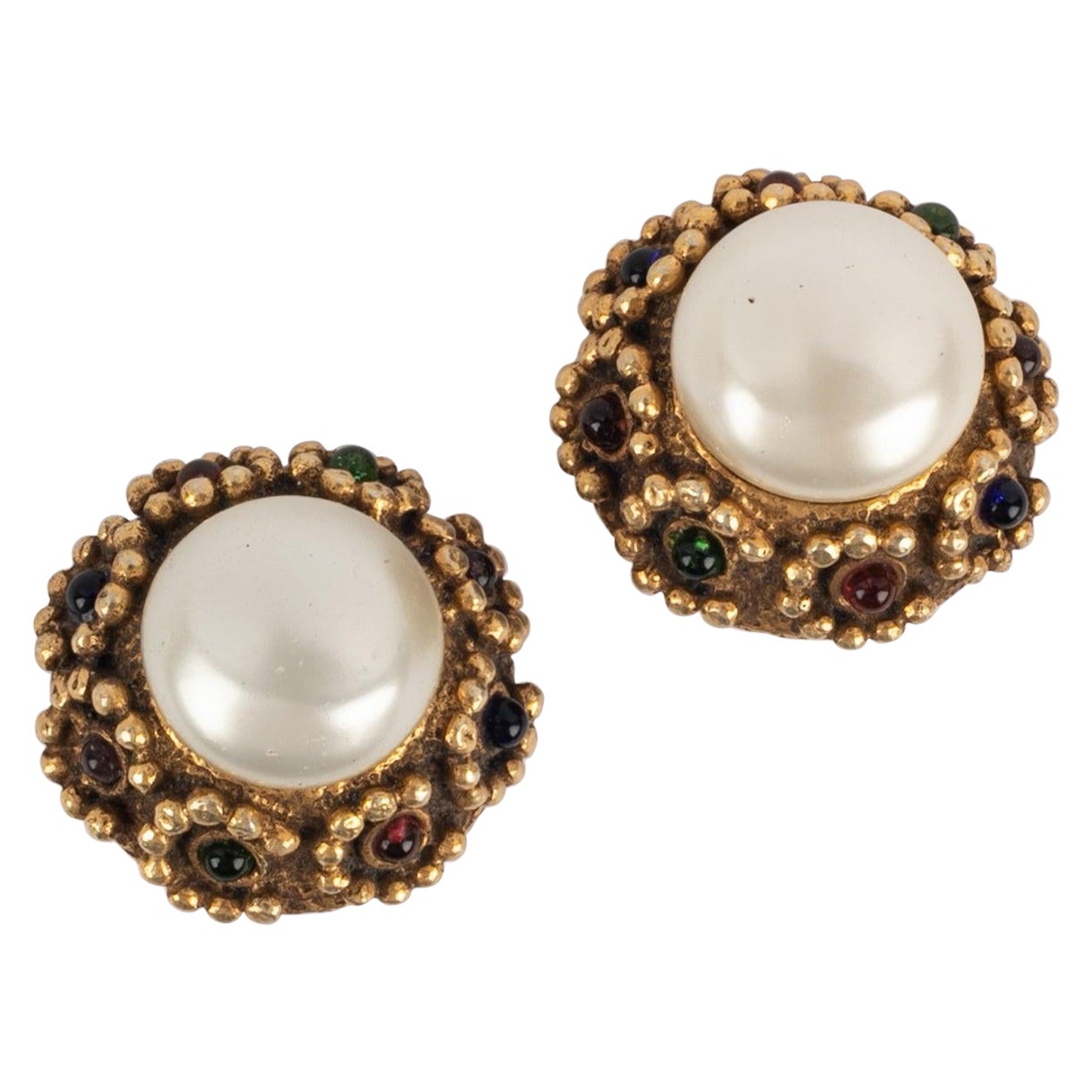 Chanel Earrings with Pearly Cabochon and Glass Paste For Sale