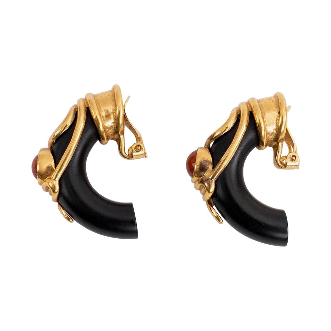 Wooden Ethnic Earrings with Wood and Cabochons For Sale