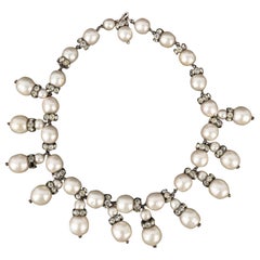 Vintage Christian Dior Necklace with Rhinestone Rings and Costume Pearls