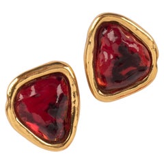 Yves Saint Laurent Red Earrings Topped with Red Resin Cabochon