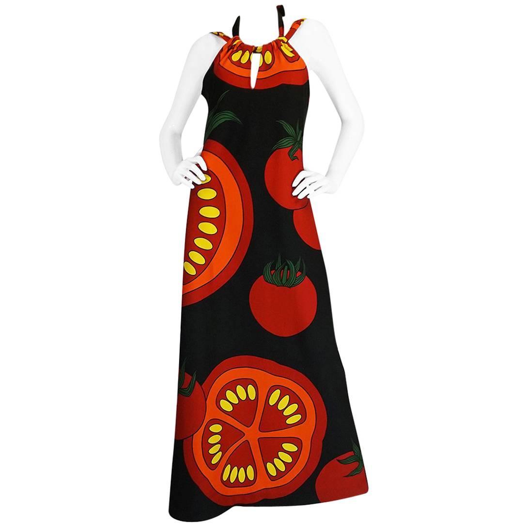 1970s Lanvin Printed "Tomato" Halter Jersey Dress