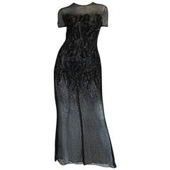 Vintage 1980s Bill Blass Sequin & Beaded Black Silk Chiffon Dress