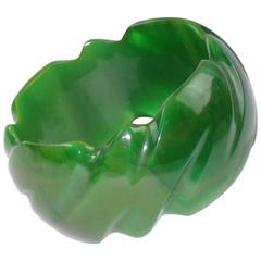 Bakelite Bracelet Bangle Oversized Deeply Carved Basil Green Marble 8