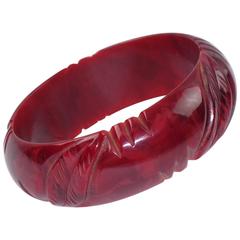 Bakelite Bracelet Bangle Deep Floral Carved Design Crimson Red Marble 2