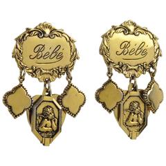 Vintage Zoe Coste Paris Romantic Dangling Clip on Earrings with Gilt Charms Medallion