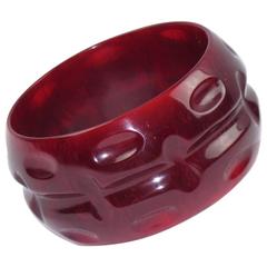 Bakelite Bracelet Bangle Oversized Deeply Carved Sangria Red Marble Color 12