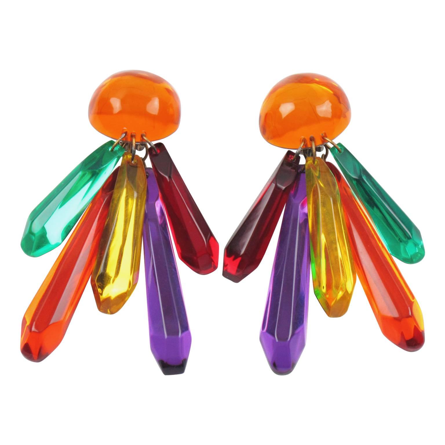 Chandelier Multicolor Lucite Clip on Earrings by Harriet Bauknight for Kaso