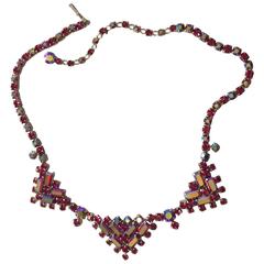 Retro 1960s SHERMAN Red Aurora Borealis Geometric Prong Rhinestone Necklace