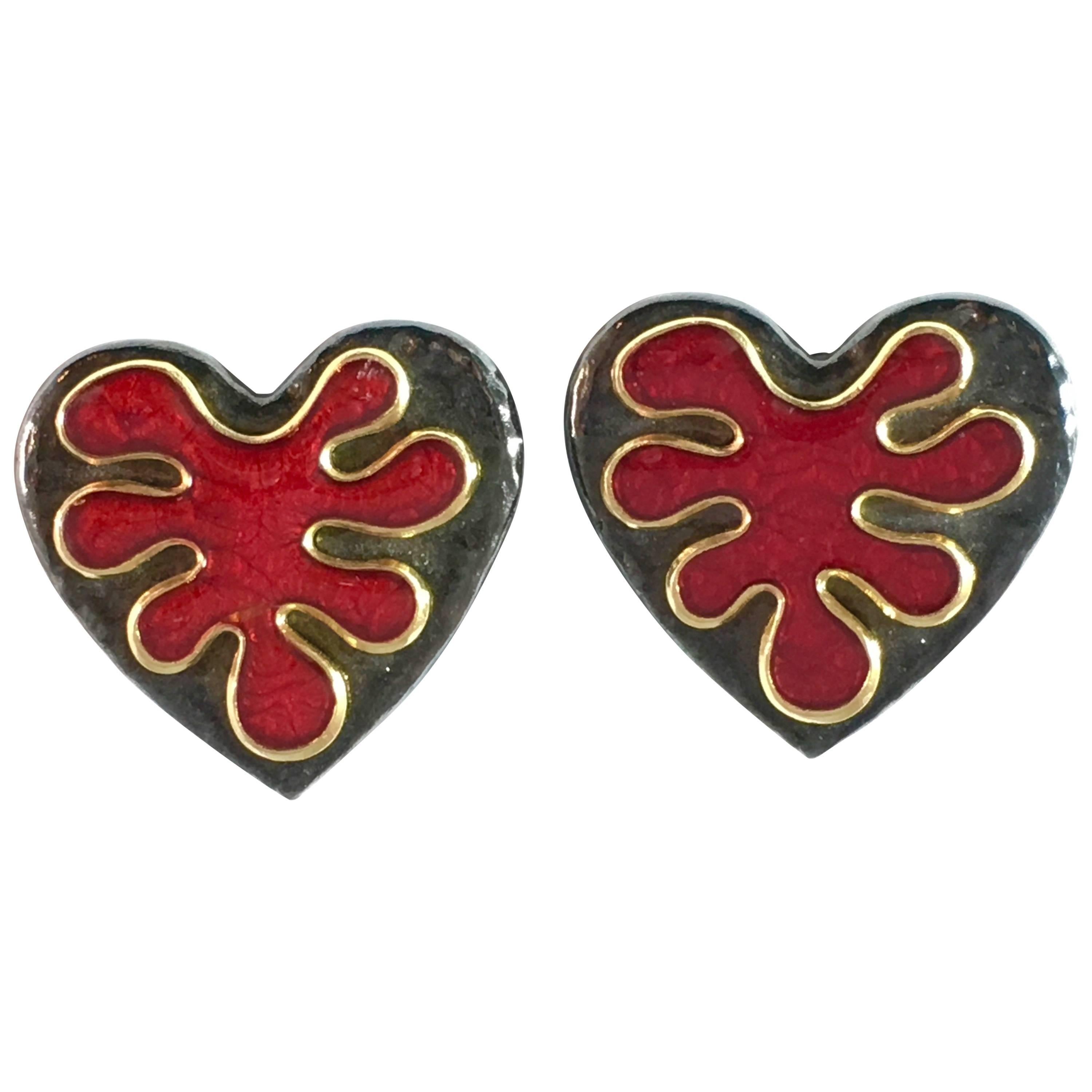 Yves Saint Laurent Black and Red Heart Clip-On Earrings For Sale