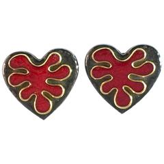 Yves Saint Laurent Black and Red Heart Clip-On Earrings
